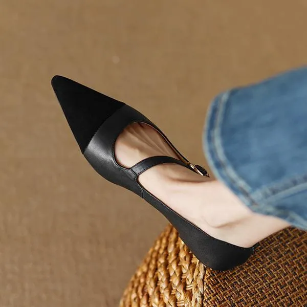 Women's Retro Pointed Toe Stitching Buckle Strap Flats 85741973C