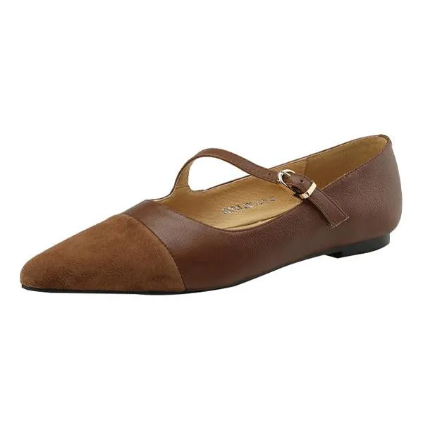 Women's Retro Pointed Toe Stitching Buckle Strap Flats 85741973C