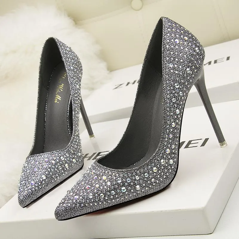 Womens Shine Rhinestones Pointed Toe Stiletto Heel Bridal Pumps