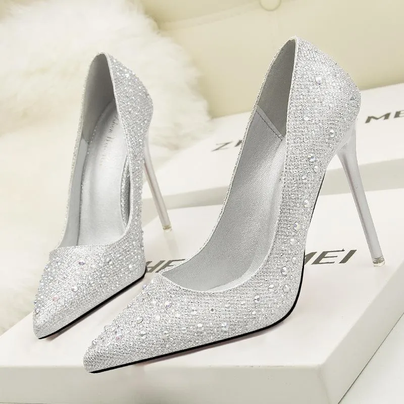 Womens Shine Rhinestones Pointed Toe Stiletto Heel Bridal Pumps