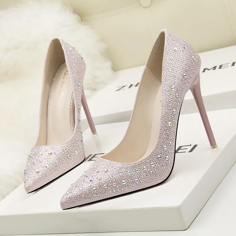 Womens Shine Rhinestones Pointed Toe Stiletto Heel Bridal Pumps