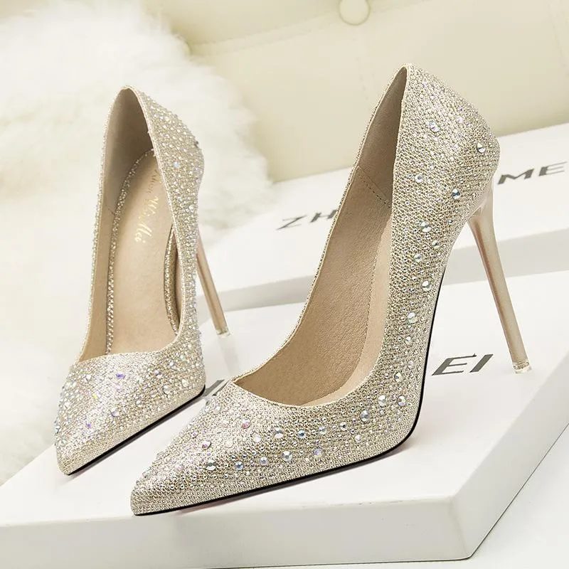 Womens Shine Rhinestones Pointed Toe Stiletto Heel Bridal Pumps